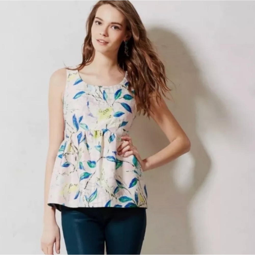 Anthropologie Blue and Cream Ruffled Peplum Tank Top